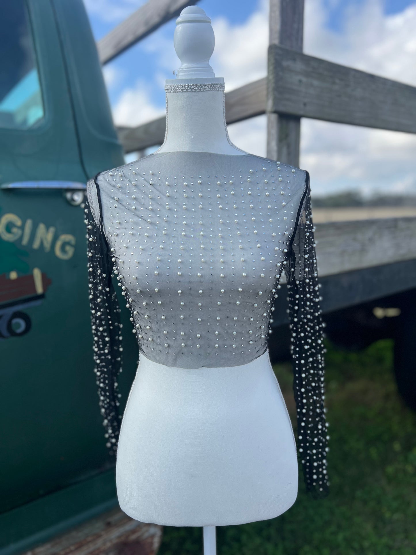Viral black pearl mesh top