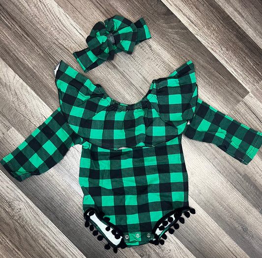 Green plaid ruffle onesie set 18/24m