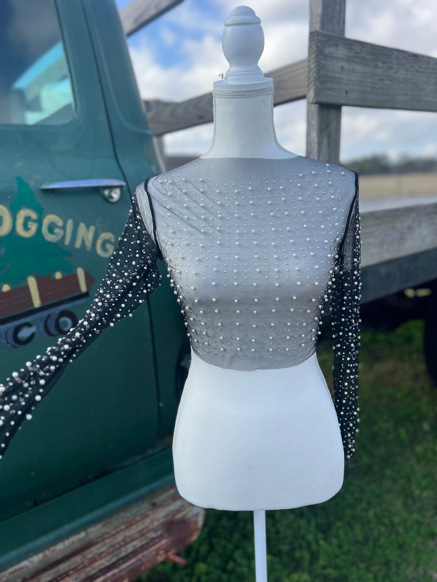 Viral black pearl mesh top