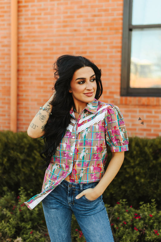 Plaid posse button down blouse